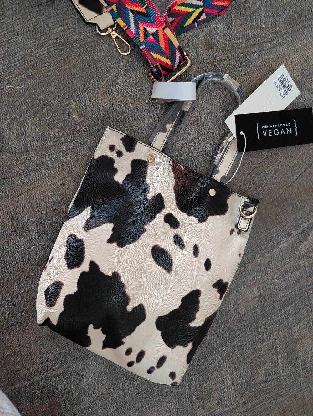 Vegan‎ Cow Print Tote Bag with Colorful Strap